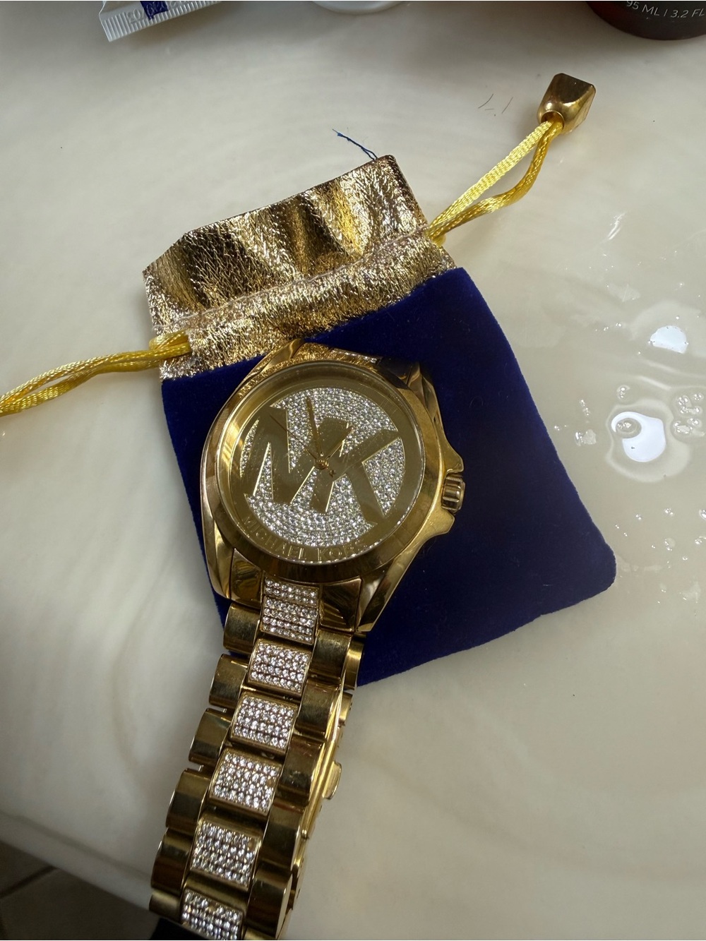 Michael Kors Gold and Crystal Pavé Logo Bracelet Watch